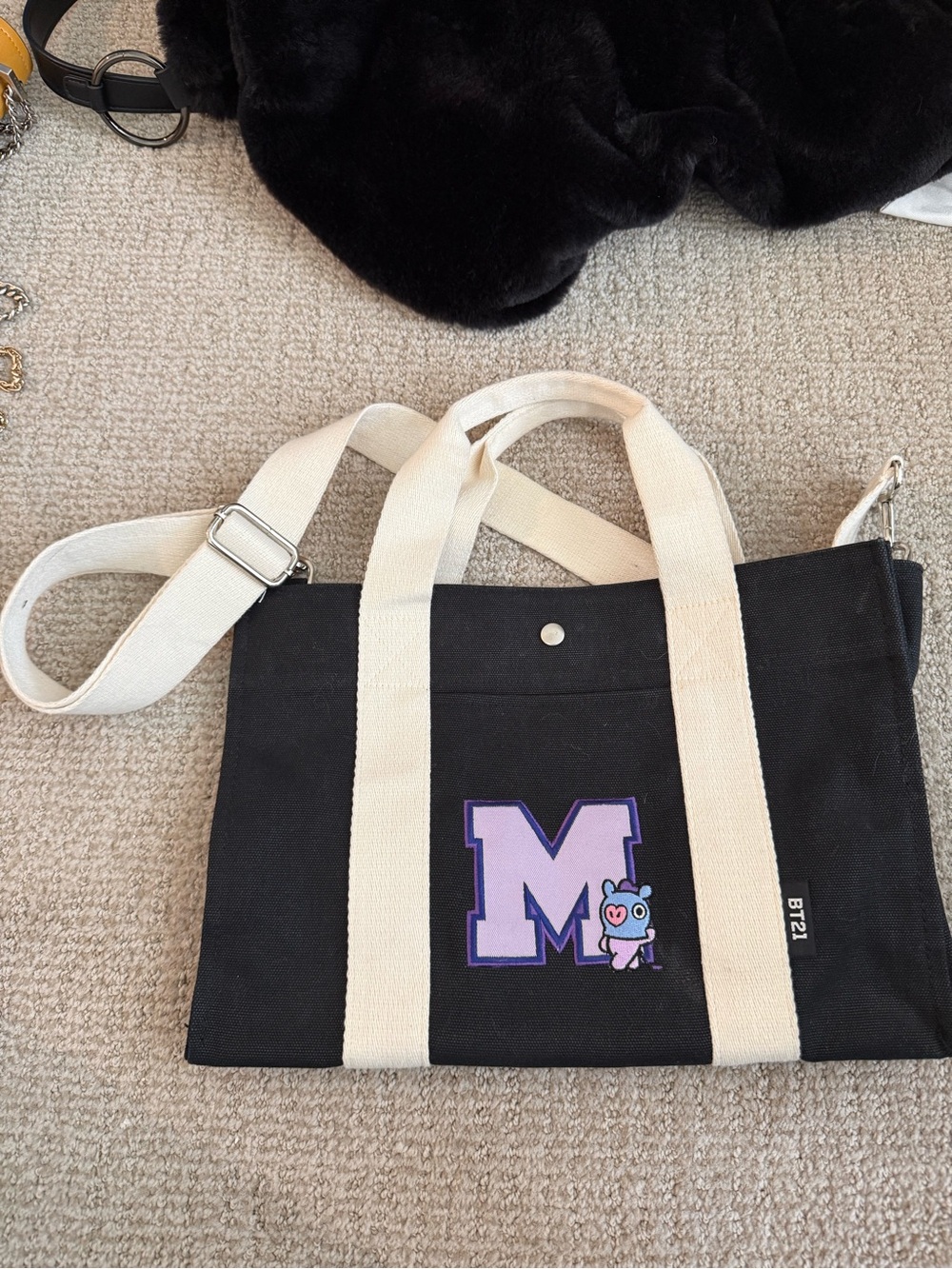 BT21 Black Canvas Tote with Cream Straps and Purple 'M' Patch